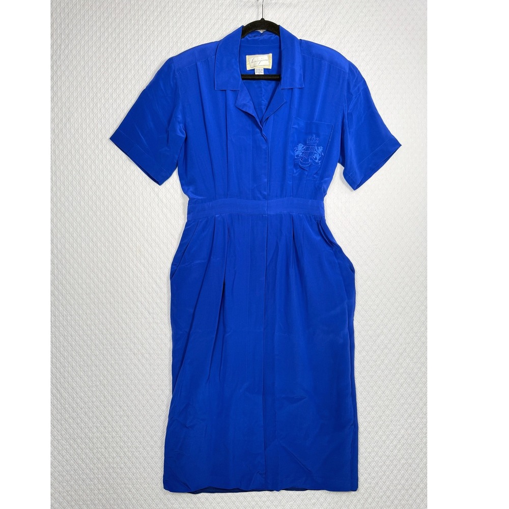 Spenser Jeremy Vintage 100% Silk Royal Blue Crest Midi Lux Shirt Dress Womens 12
